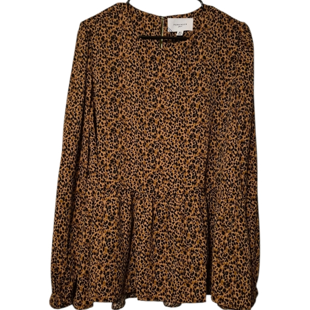 Pomander Place Tuckernuck Leopard Carlota Peplum Blouse, XL NEW w/o TAG